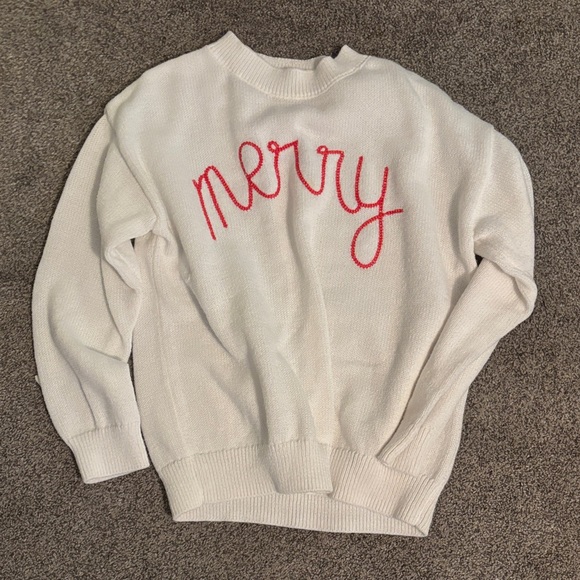 Fashion Nova Tops - Fashion Nova White Sweater with Red 'Merry' Embroidery